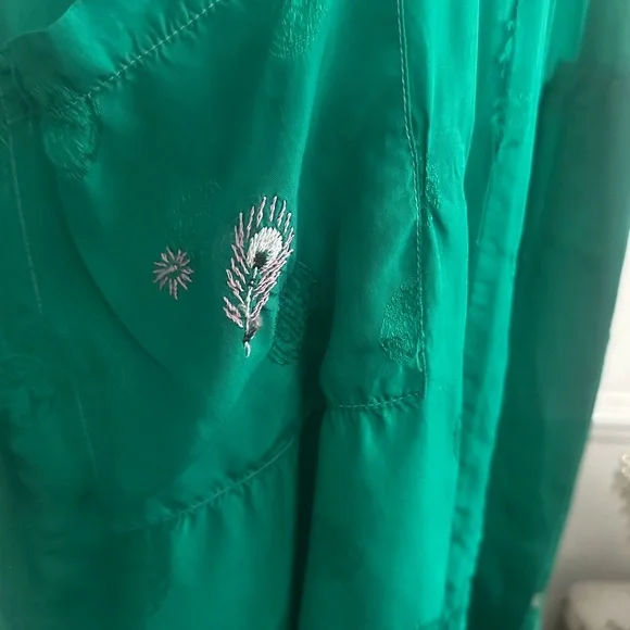 Golden Bee Green traditional vintage Chinese Kimono with Peacock Embroidery sz M - Picture 12 of 15